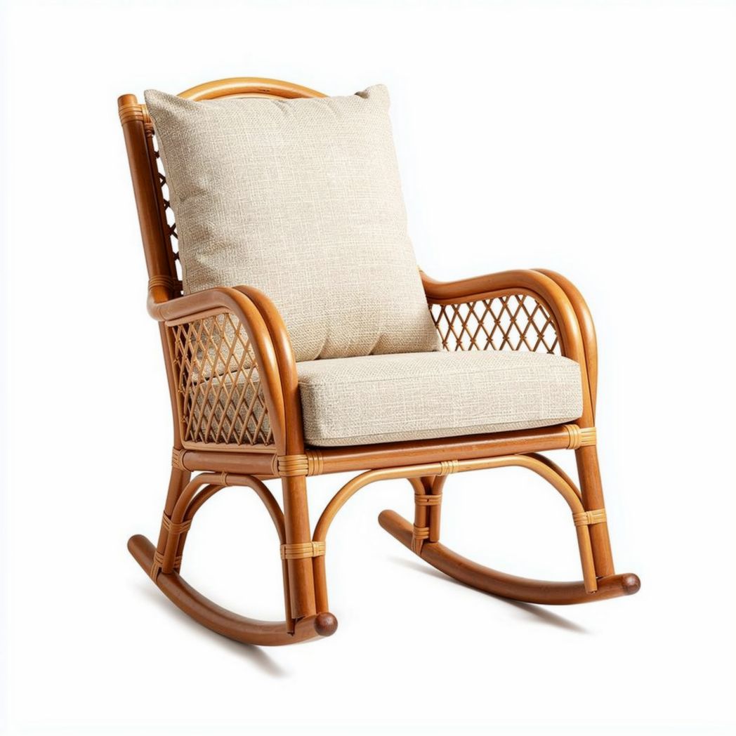Poltrona a dondolo in rattan con cuscino beige dimensioni 70 x 60 x 80cm