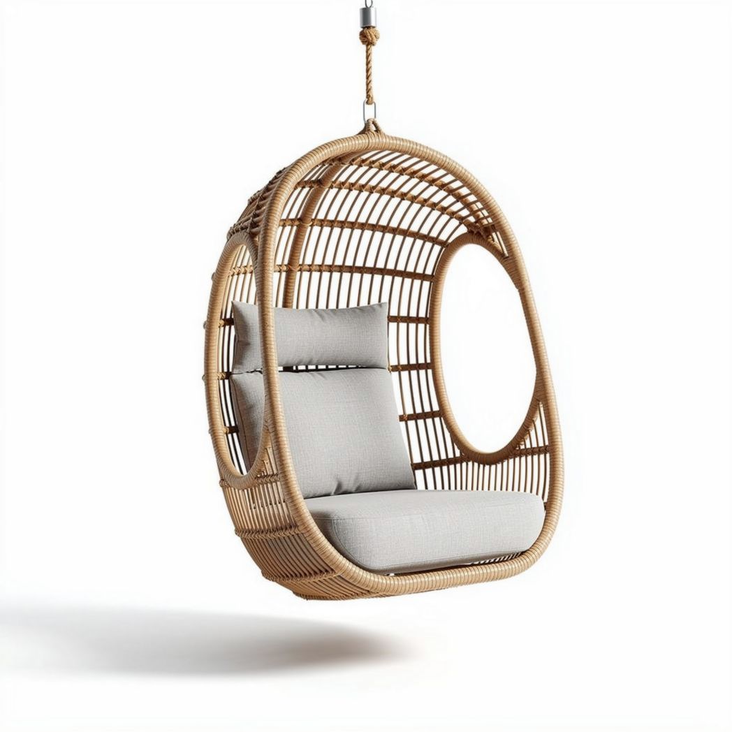 Sedia a dondolo appesa in rattan con cuscino grigio dimensioni 90 x 75 x 100cm