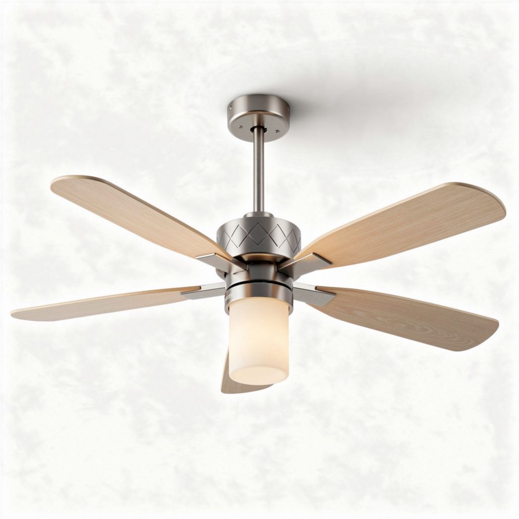 Ventilatore da soffitto con luce e pale in legno 40 x 40 x 30cm argento