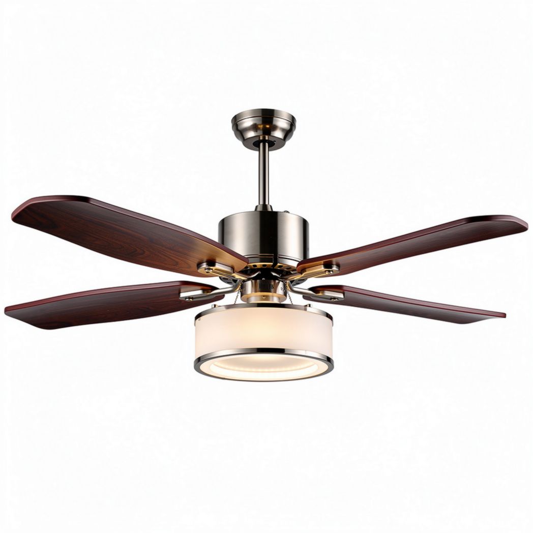 Ventilatore a soffitto con luce integrata in metallo cromato e legno 120 x 120 x 40cm