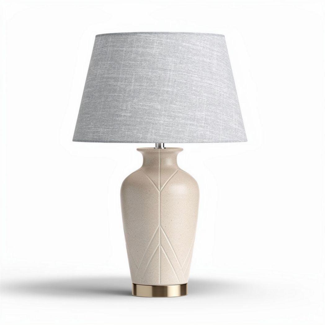 Lampada da tavolo in ceramica beige con paralume grigio misura 30 x 30 x 60cm